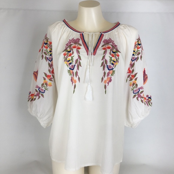Solitaire Anthropologie Embroidered Peasant Floral Top White Pink Women’s Sz XL - Picture 1 of 13